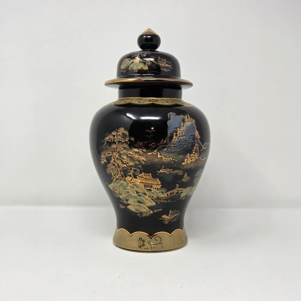 Vintage‎ Japanese Black Gold Ginger Jar Lidded Urn Scenic Landscape Decor